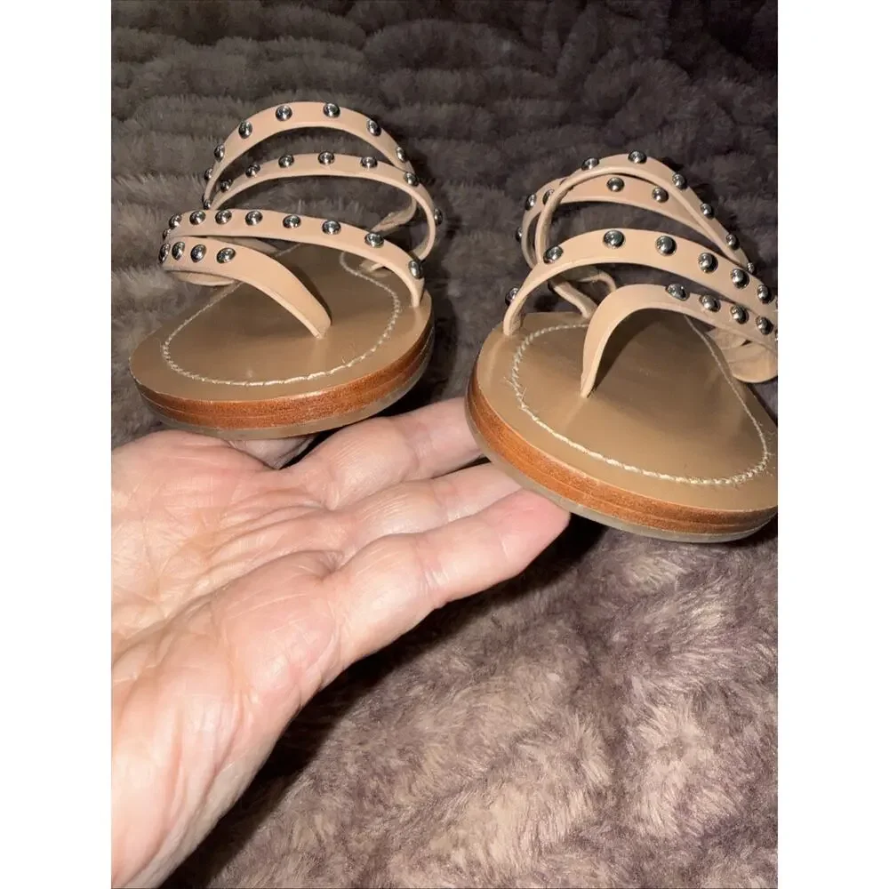 TORY BURCH Patos Studded Sandal SZ 9M Ivory Women LTHR Slide Flat Shoe Beach
